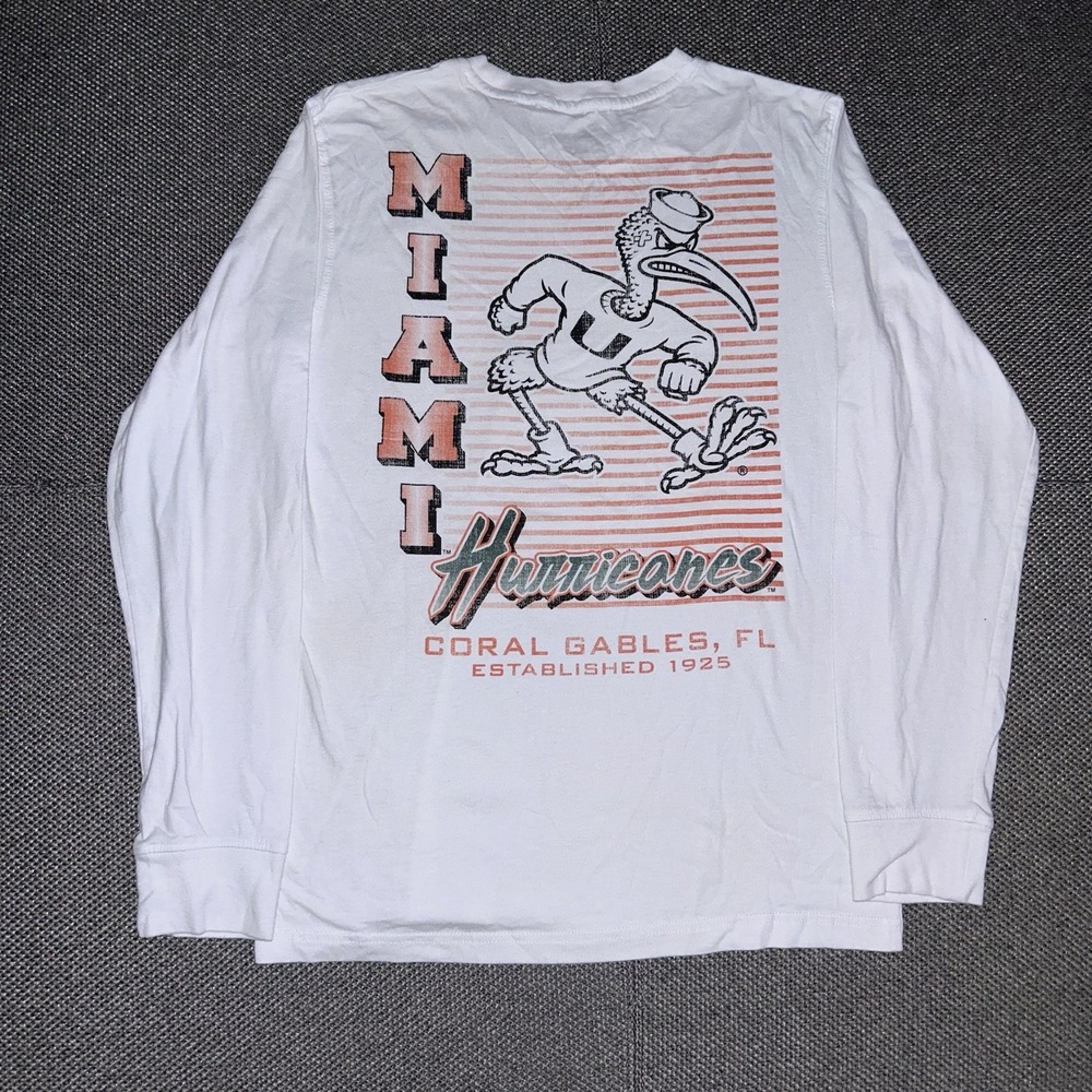 Miami Hurricanes Retro Big Graphic White Long Sleeve T Shirt Mens Medium UM NCAA
